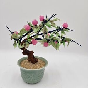 ANTIQUE BONSAI TREE-JADE & GLASS FLOWER BUDS OR BERRIES